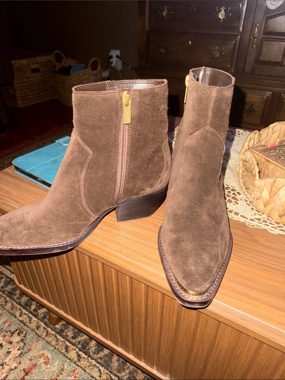 Vince Camuto Brown Suede Ankle Boots with Gold Toe Accent